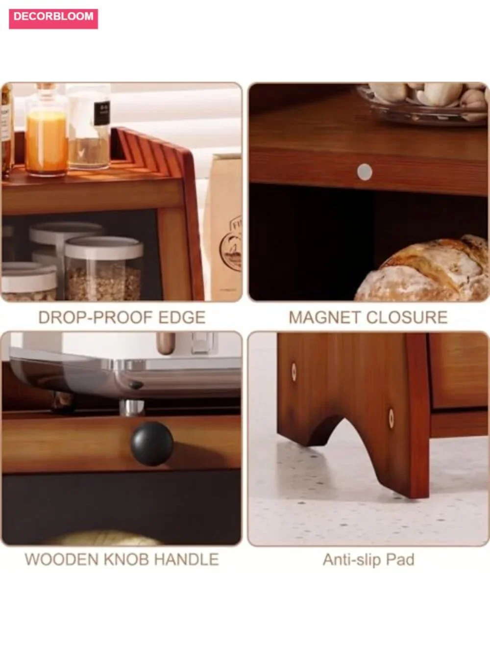 Bamboo Bread Box with Acrylic Window, Magnetic Closure, for Kitchen Countertop